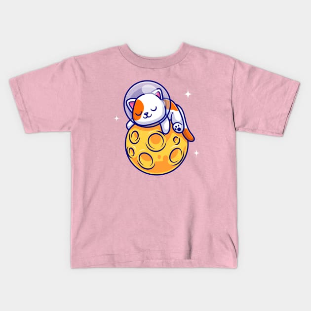 Cute Cat Astronaut Sleeping On Moon Cartoon Kids T-Shirt by Catalyst Labs